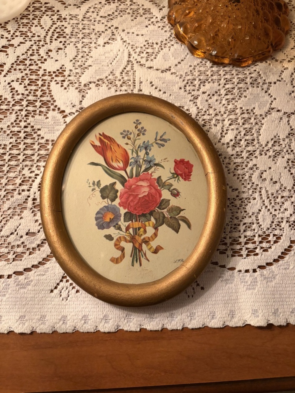 Antique Oval Gold Framed Floral Bouquet Wall Art